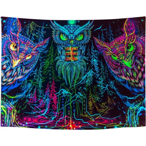 Ulticool - Uil Roofvogel Boho Bohemian - Glow in the Dark - Blacklight Party Wandkleed Achtergronddoek - 200x150 cm - Backdrop UV Lamp Reactive - Groot wandtapijt - Poster - Fluoriserende Neon Verlichting 