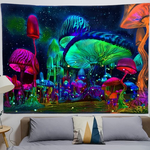 Ulticool -  Paddenstoelen - Glow in the Dark - Blacklight Party Wandkleed Achtergronddoek - 200x150 cm - Backdrop UV Lamp Reactive - Mushroom Groot wandtapijt - Poster - Neon Verlichting 