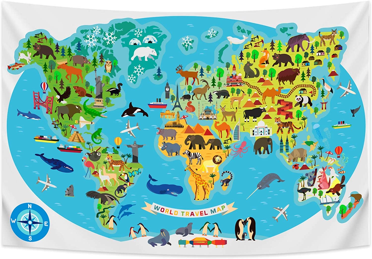 - Wereldkaart Dieren Natuur Wandkleed - 200x150 cm - Groot wandtapijt - Poster