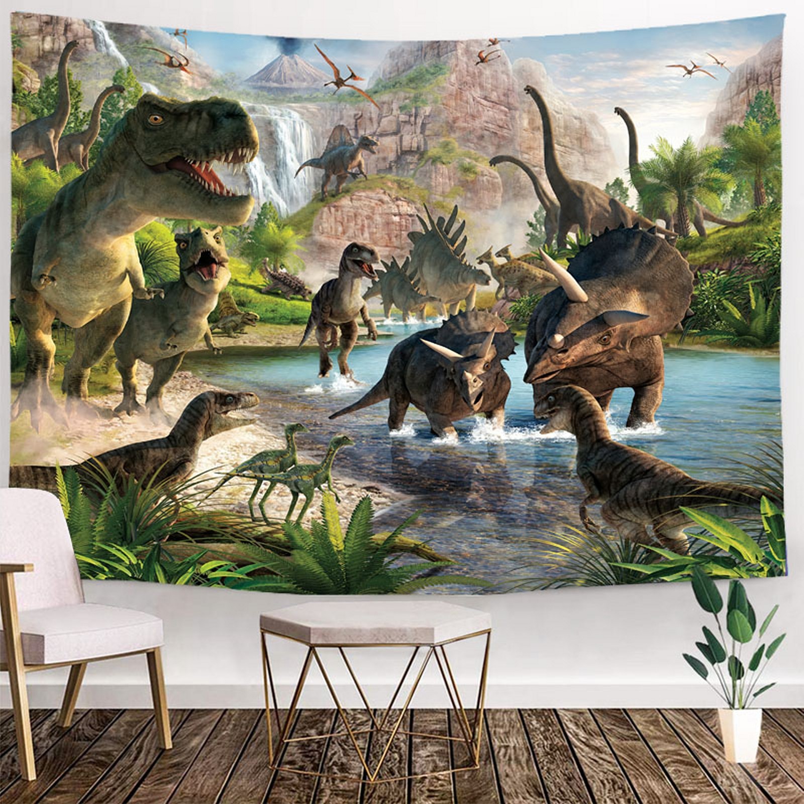 - Groep Dinosaurus T-Rex - - 200x150 cm - Groot wandtapijt - Poster - Kinderkamer - Blauw/Wit