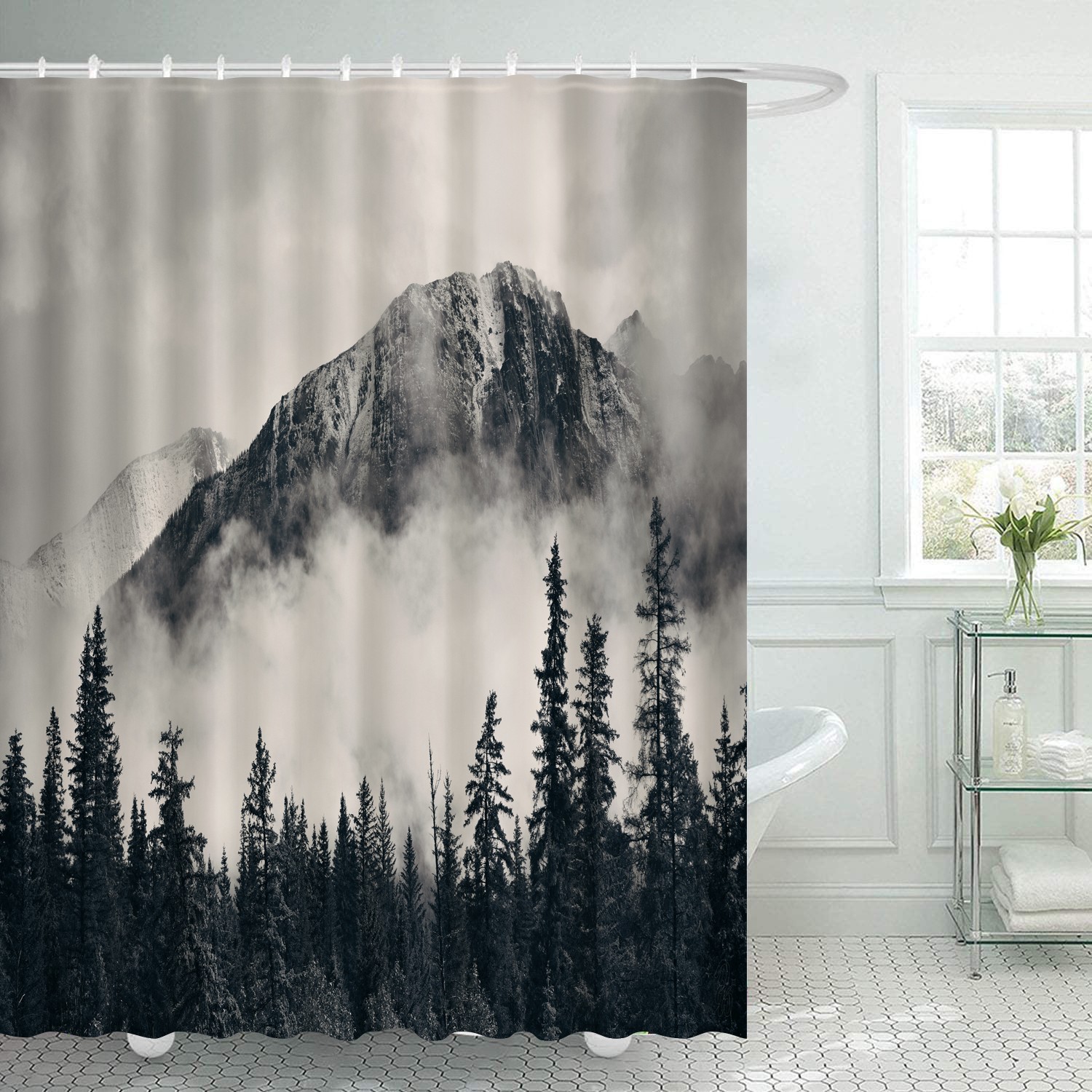 Ulticool Douchegordijn Bergen Natuur Mistig Bos 180 x 200 cm met