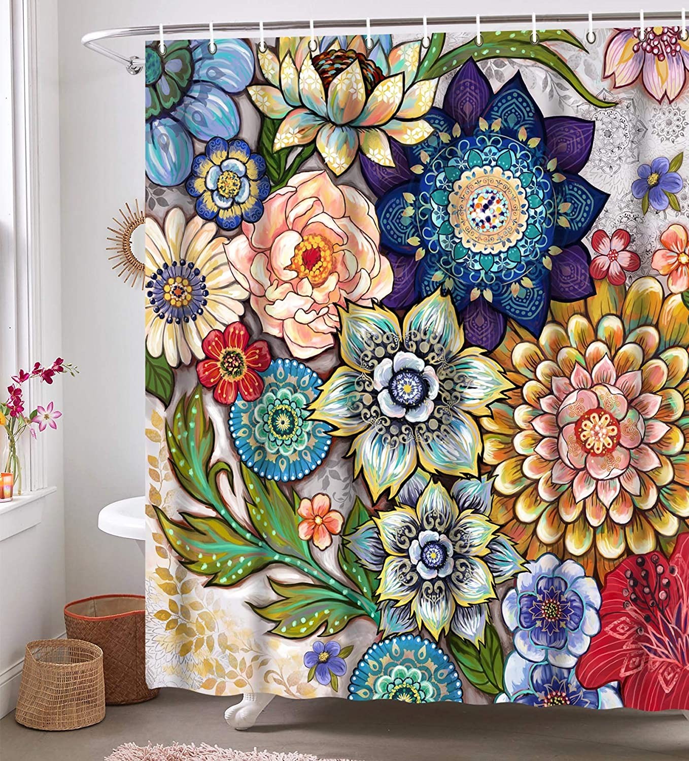 Ulticool Douchegordijn Bloemen Natuur Kunst 180 x 200 cm met 12