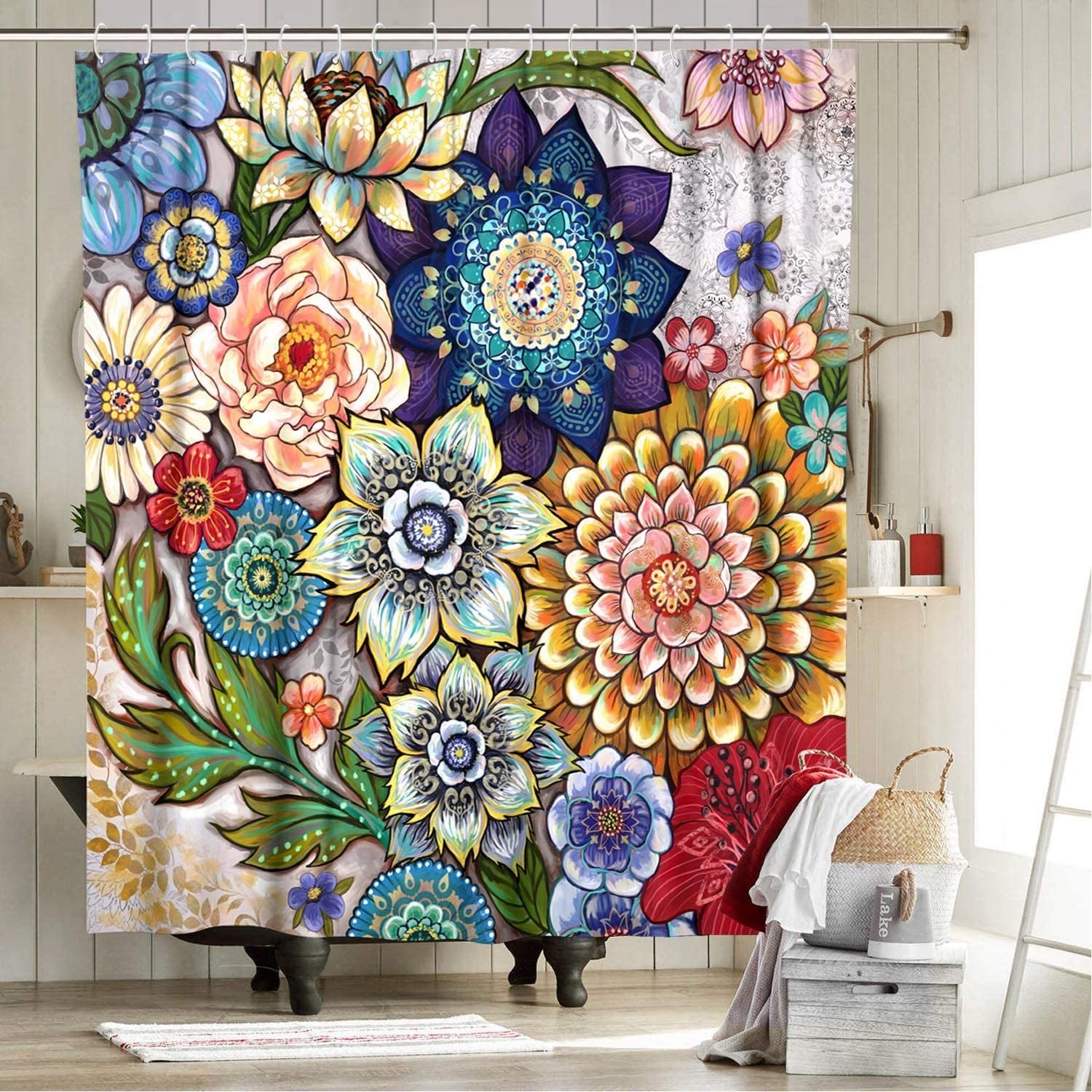 Ulticool Douchegordijn Bloemen Natuur Kunst 180 x 200 cm met 12