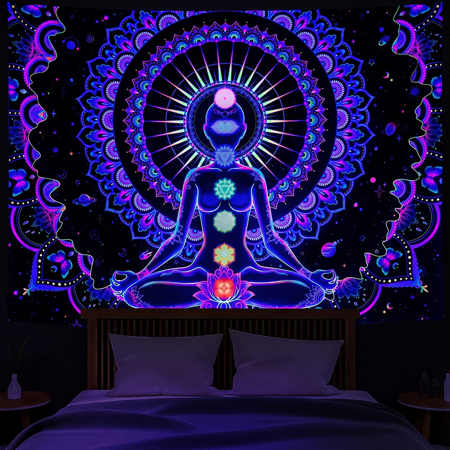 TTBDDM Yoga Mandala Wandtapijt, kleurrijk mandala-wandtapijt, yoga, meditatie, zeven chakra-wandtapijten, met 4 clips en 4 haken, om op te hangen in de studio, slaapkamer, yogastudio