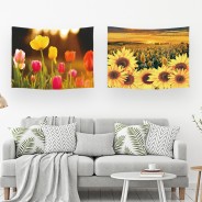 Ulticool – Wandkleed - Tulpen Bloemen Natuur Zonnebloem Zon Zomer – Set van 2 designs - 73 x 95 cm – Wandtapijt – Geel Roze Oranje 