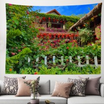 Ulticool - Planten Tuin Vietnam Lantaarn Hekje Buiten Hekwerk - Wandkleed - 200x150 cm - Groot wandtapijt - Poster - Groen Rood