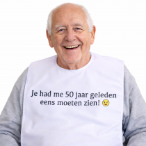 Slabber volwassenen 46x80 cm – Tekst 50 jaar - Waterdichte beschermslab – Senioren slab – Grote bavet – Fleece onderlaag – TPU tussenlaag