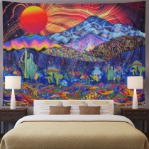 Ulticool - Zon Oranje Psychedelische Bergen - Wandkleed - 200x150 cm - Groot wandtapijt - Poster