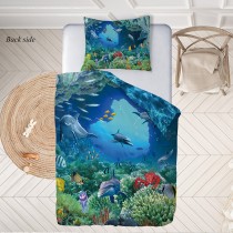 Ulticool - Dekbedovertrek - Onderwater Dolfijn Zee Aquarium Koraal Vissen – 140 x 200 cm -  Kussensloop 60 x 70 cm - voor Dekbed 1 Persoons Kamer – Decoratie Slaapkamer Accessoires Jeugdkamer voor Kinderen Tiener Jongens Meisjes - Blauw 