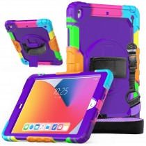 iPad 10.2 (2019 & 2020 & 2021) case / hoes met screenprotector, handriem en schouderriem voor kinderen en scholen - Kleurrijk Paars