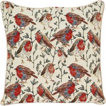 Ulticool - Roodborstje Vogel Tak Groen - Jacquard Gobelin stof - Exclusief Kussenvulling - Sierkussen 45x45 cm - Sierkussenhoes Accessoires - Kussentjes Bank voor Decoratie Woonkamer Slaapkamer – Wit Rood Bruin