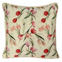 Ulticool - Tulpen Bos Bloemen Zacht Pastel - Jacquard Gobelin stof - Exclusief Kussenvulling - Sierkussen 45x45 cm - Sierkussenhoes Accessoires - Kussentjes Bank voor Decoratie Woonkamer Slaapkamer - Roze Rood