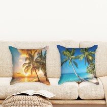 Ulticool  - Kussenhoes - Strand Natuur Zee Eiland Palmboom Zonsondergang - Set van 2 stuks - Sierkussens 45x45 cm - Sierkussenhoes Accessoires - Kussentjes Bank voor Decoratie Woonkamer Slaapkamer Jeugdkamer Kinderkamer Babykamer - Oranje Groen Blauw