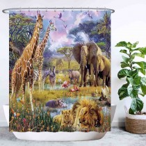 Ulticool Douchegordijn - Safari Dieren Natuur Giraffe Olifant - 180 x 200 cm - met 12 ringen - Groen Bruin 