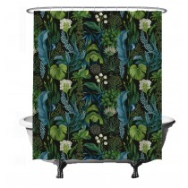 Ulticool Douchegordijn -  Grote Bladeren Witte Bloemen - Groen Blauw - 180 x 200 cm - met 12 ringen