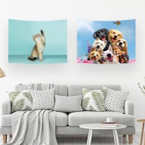 Ulticool – Wandkleed - Hond Dieren Honden Kat Poes  – Set van 2 designs - 73 cm x 95 cm – Schilderij Wandtapijt Stof – Poster Art – Blauw Wit 