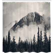 Ulticool Douchegordijn - Bergen Natuur Mistig Bos - 180 x 180 cm - met 12 ringen - Zwart Wit