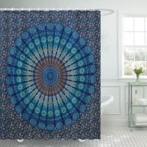 Ulticool Douchegordijn - Mandala Kleed - 180 x 200 cm - met 12 ringen - Blauw