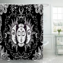 Ulticool Douchegordijn - Zon Maan Zodiac Tarot Natuur Bohemian - 180 x 200 cm - met 12 ringen - Zwart Wit 