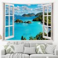 Ulticool - Doorkijk Raam Venster Zee Natuur Strand Bergen - Wandkleed Poster - 200x150 cm - Groot wandtapijt - Tuinposter Tapestry - Blauw