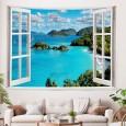 Ulticool - Doorkijk Raam Venster Zee Natuur Strand Bergen - Wandkleed Poster - 200x150 cm - Groot wandtapijt - Tuinposter Tapestry - Blauw