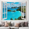 Ulticool - Doorkijk Raam Venster Zee Natuur Strand Bergen - Wandkleed Poster - 200x150 cm - Groot wandtapijt - Tuinposter Tapestry - Blauw