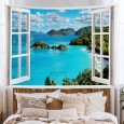 Ulticool - Doorkijk Raam Venster Zee Natuur Strand Bergen - Wandkleed Poster - 200x150 cm - Groot wandtapijt - Tuinposter Tapestry - Blauw