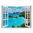 Ulticool - Doorkijk Raam Venster Zee Natuur Strand Bergen - Wandkleed Poster - 200x150 cm - Groot wandtapijt - Tuinposter Tapestry - Blauw