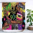 Ulticool Douchegordijn - 90s Party Vintage Graffiti Jaren Negentig Cassettebandjes  - 180 x 200 cm - met 12 ringen - Veelkleurig 