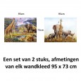 Ulticool – Wandkleed - Safari Dieren Natuur Giraffe Olifant  – Set van 2 designs - 73 cm x 95 cm – Schilderij Wandtapijt Stof – Poster Art – Kaki Beige 