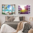 Ulticool – Wandkleed - Doorkijk Strand Zee Bloemen Lavendel Natuur   – Set van 2 designs - 73 x 95 cm – Wandtapijt Stof – Blauw Wit Lila 