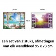 Ulticool – Wandkleed - Doorkijk Strand Zee Bloemen Lavendel Natuur   – Set van 2 designs - 73 x 95 cm – Wandtapijt Stof – Blauw Wit Lila 