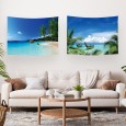 Ulticool – Wandkleed - Strand Zee Palmboom Zomer - Set van 2 designs – 73 cm x 95 cm – Schilderij Wandtapijt Stof – Poster Art – Blauw