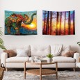 Ulticool – Wandkleed - Olifant Zon Boho Bohemian Zonsondergang – Set van 2 designs - 73 x 95 cm – Wandtapijt Stof – Oranje Paars Blauw Geel 