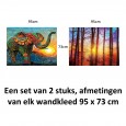 Ulticool – Wandkleed - Olifant Zon Boho Bohemian Zonsondergang – Set van 2 designs - 73 x 95 cm – Wandtapijt Stof – Oranje Paars Blauw Geel 