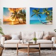 Ulticool – Wandkleed - Strand Natuur Zee Eiland Palmboom Zonsondergang – Set van 2 designs - 73 x 95 cm – Wandtapijt – Oranje Groen Blauw