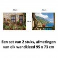 Ulticool – Wandkleed - Doorkijk Ramen Planten Bloemen Natuur Balkon Bergen – Set van 2 designs - 73 x 95 cm – Wandtapijt – Blauw Bruin 