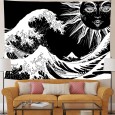 Ulticool - Golven Zon Natuur - Hippie Boheems - Wandkleed - 200x150 cm - Groot wandtapijt - Poster- Zwart/Wit