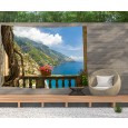 Ulticool - Doorkijk Balkon Bergen Zee Natuur - Wandkleed  Poster - 200x150 cm - Groot wandtapijt -  Tuinposter Tapestry 