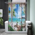 Ulticool Douchegordijn - Doorkijk Strand Zee Natuur - 120 x 180 cm - met 8 ringen - Blauw Wit Groen 