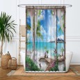 Ulticool Douchegordijn - Doorkijk Strand Zee Natuur - 120 x 180 cm - met 8 ringen - Blauw Wit Groen 