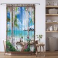 Ulticool Douchegordijn - Doorkijk Strand Zee Natuur - 120 x 180 cm - met 8 ringen - Blauw Wit Groen 